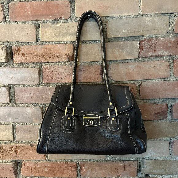 👜 Etienne Aigner Chocolate Brown Leather Satchel Handbag 👜 - Picture 1 of 9